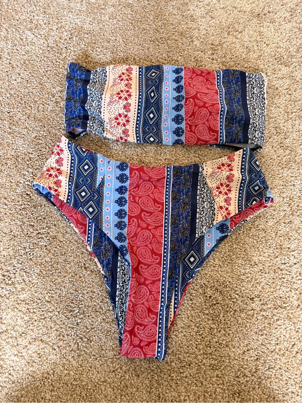 Striped Paisley Two-Piece Bikini - Red, Blue, Cream